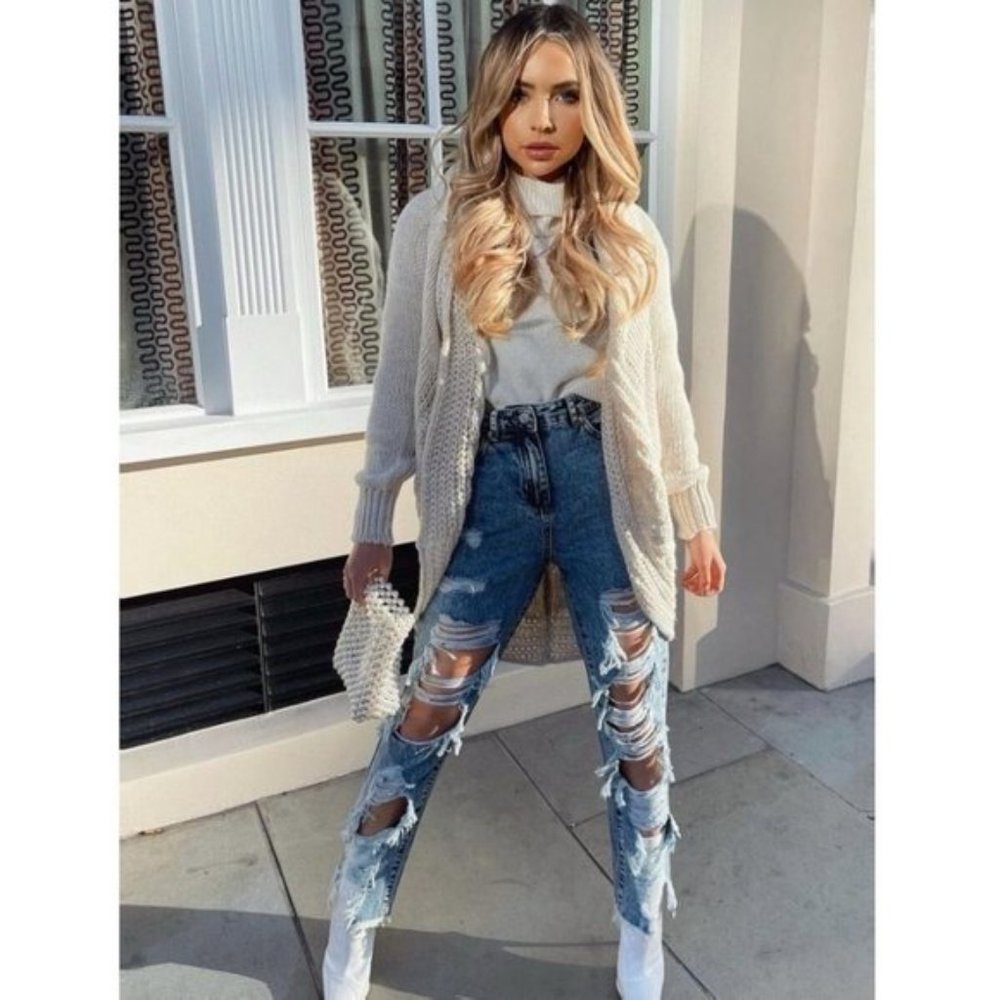 Blue Acid Wash High Waist Ripped Distressed Boyfriend Jeans Denim - Picture 8 of 9